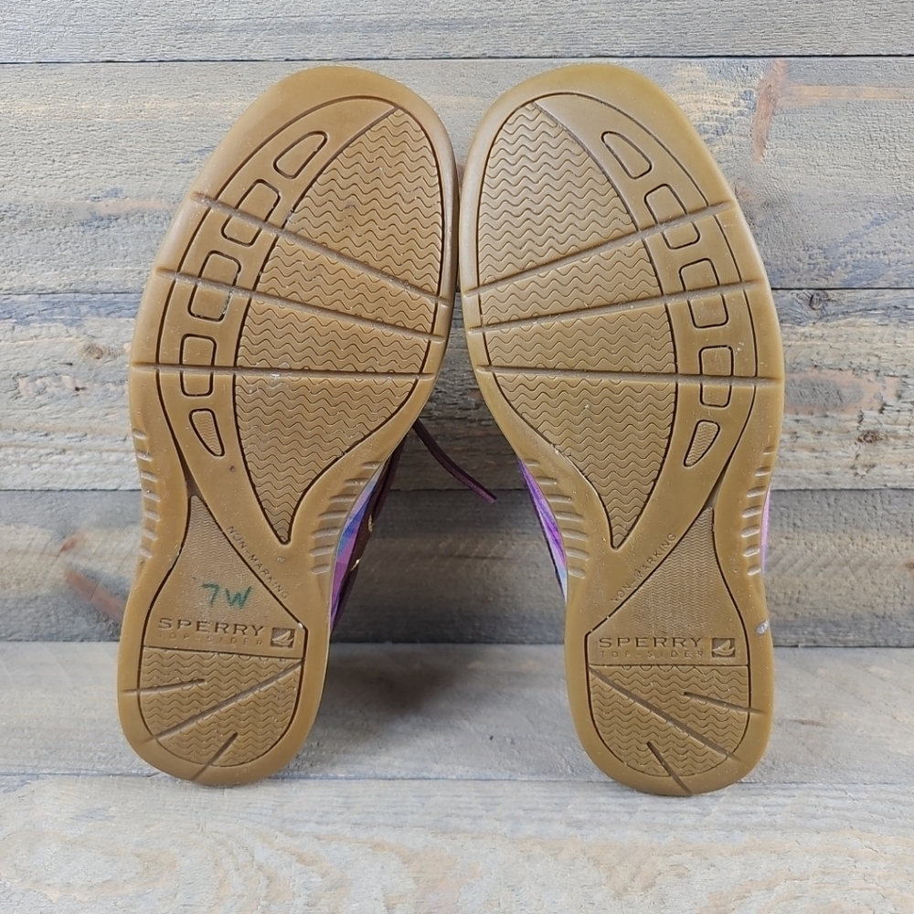 Sperry Topsider Brown Leather purple plaid Women's Boat Deck Shoes - Picture 5 of 14